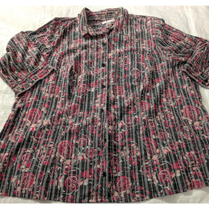 Vintage CJ Banks Blouse Plus Size 3X XXX‎ Black Pink Floral Stripe Button Front